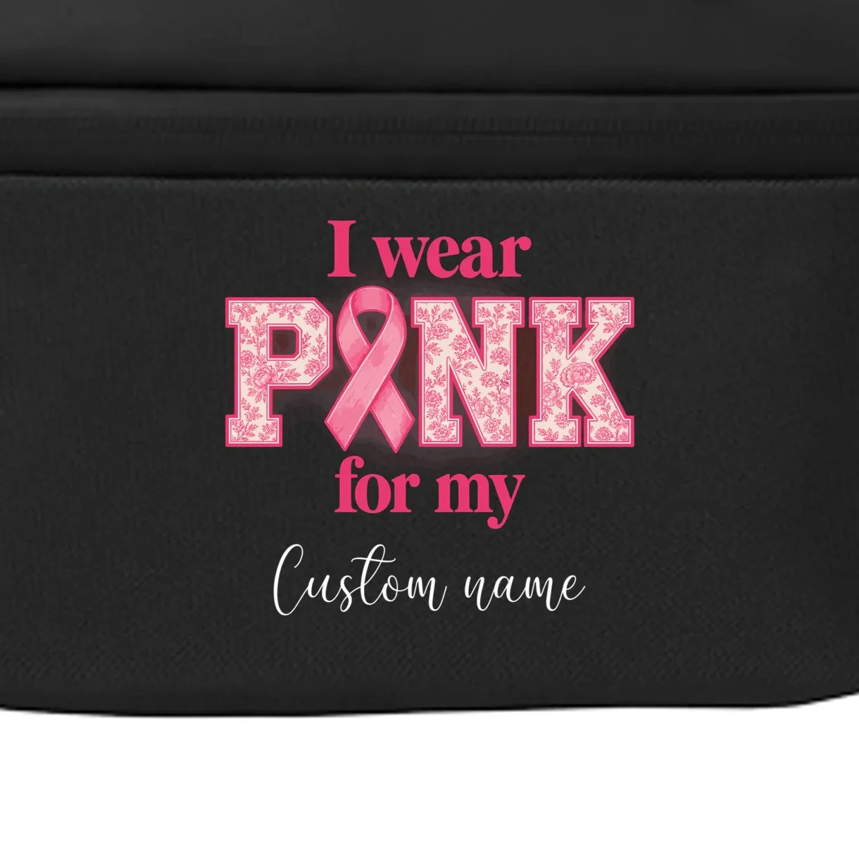 I Wear Pink for My Custom Name – Personalized Pink Ribbon Floral Breast Cancer Awareness Crossbody - Front - Close-up