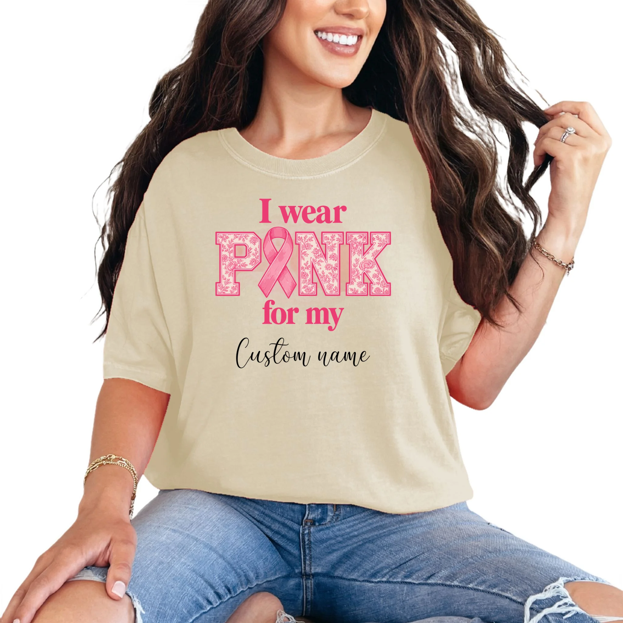 I Wear Pink for My Custom Name – Personalized Pink Ribbon Floral Breast Cancer Awareness Comfort Colors Unisex T-Shirt Front