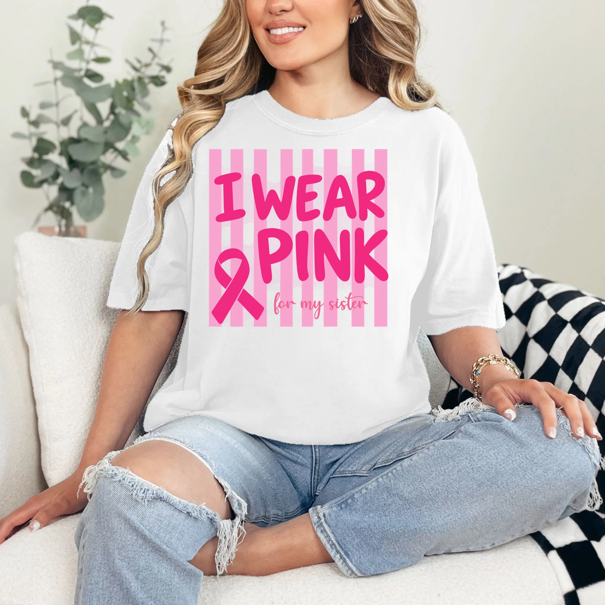 I Wear Pink Breast Cancer Awareness Personalized Relationship Custom Gift - Pink Ribbon Custom Relationship Gift Comfort Colors Unisex T-Shirt - Front 1
