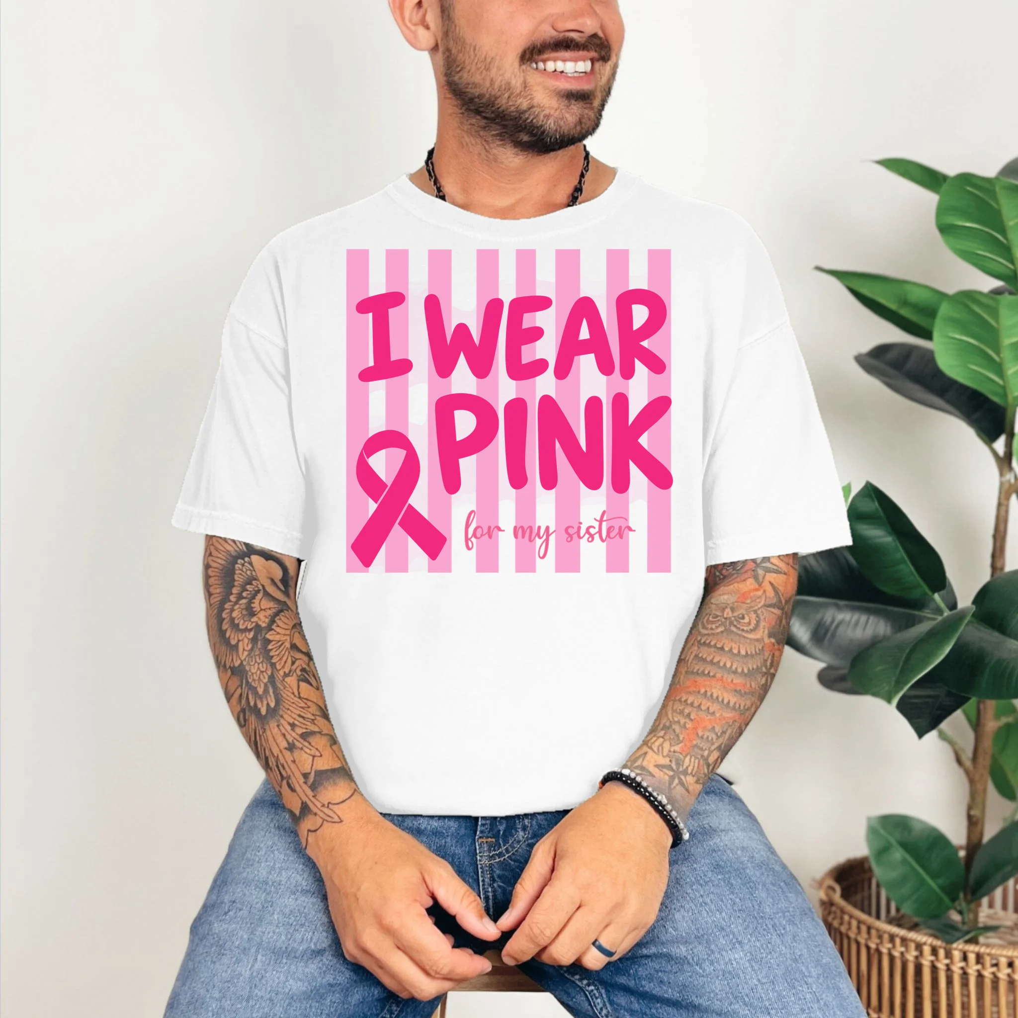 I Wear Pink Breast Cancer Awareness Personalized Relationship Custom Gift - Pink Ribbon Custom Relationship Gift Comfort Colors Unisex T-Shirt - Front 2