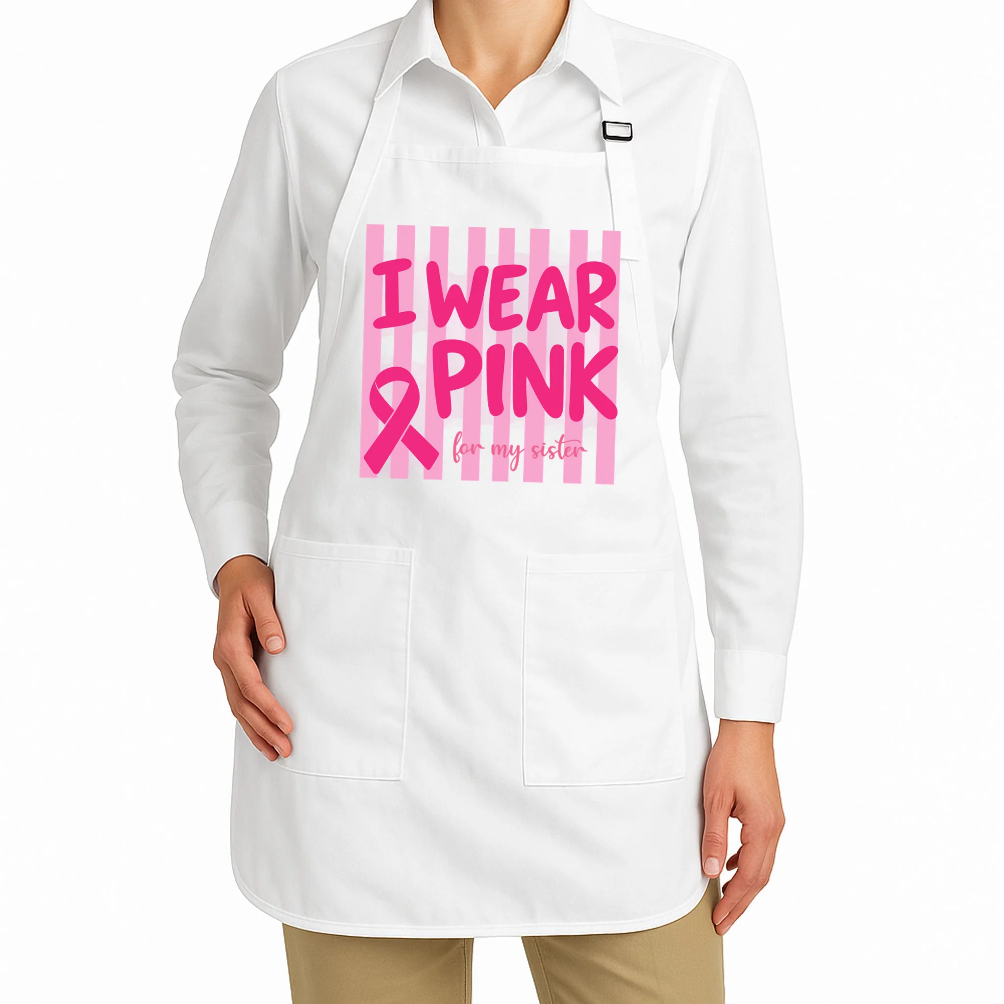 I Wear Pink Breast Cancer Awareness Personalized Relationship Custom Gift - Pink Ribbon Custom Relationship Gift Apron - Front 1