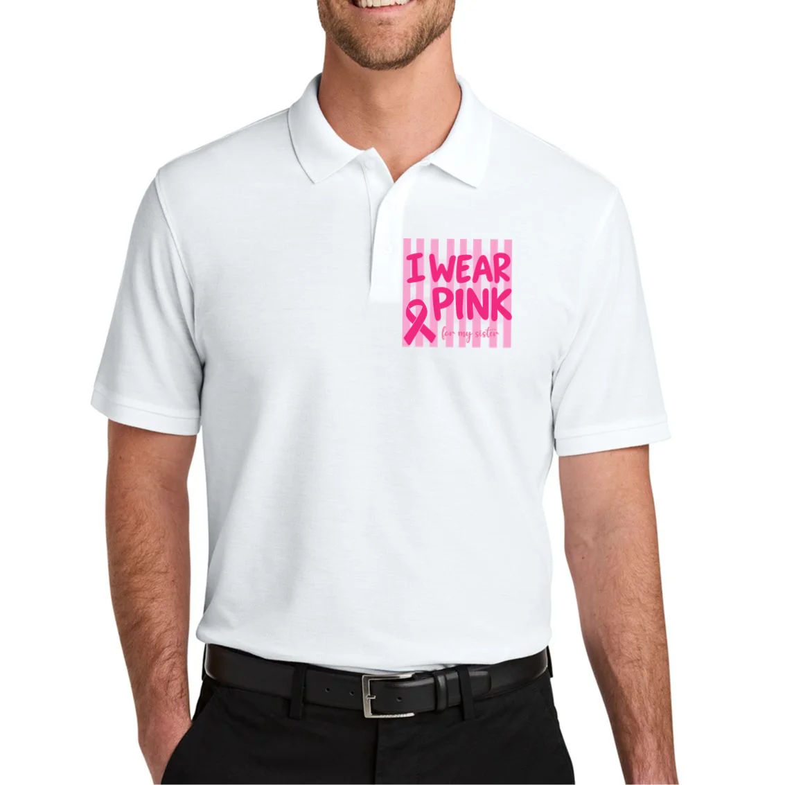 I Wear Pink Breast Cancer Awareness Personalized Relationship Custom Gift - Pink Ribbon Custom Relationship Gift Men's Polo - Front 1