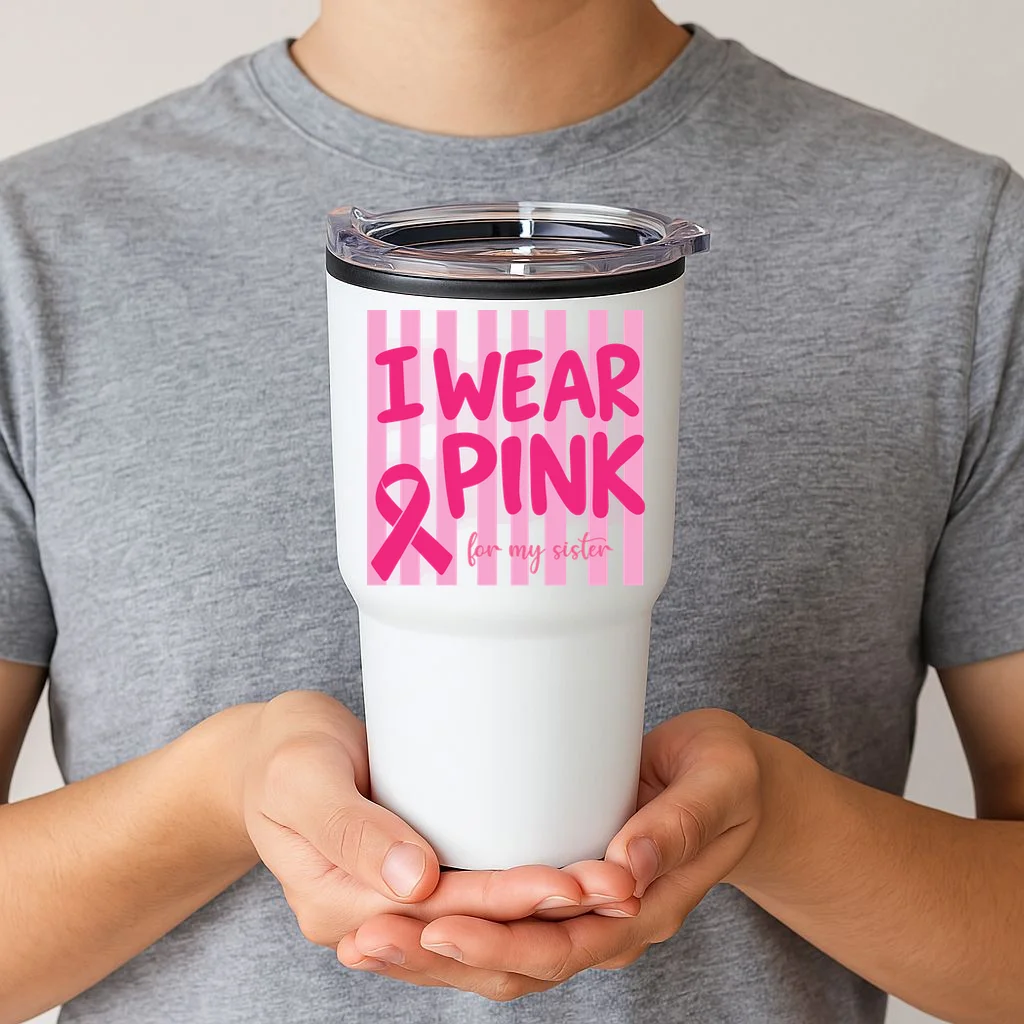 I Wear Pink Breast Cancer Awareness Personalized Relationship Custom Gift - Pink Ribbon Custom Relationship Gift 20oz Tumbler - Front 1