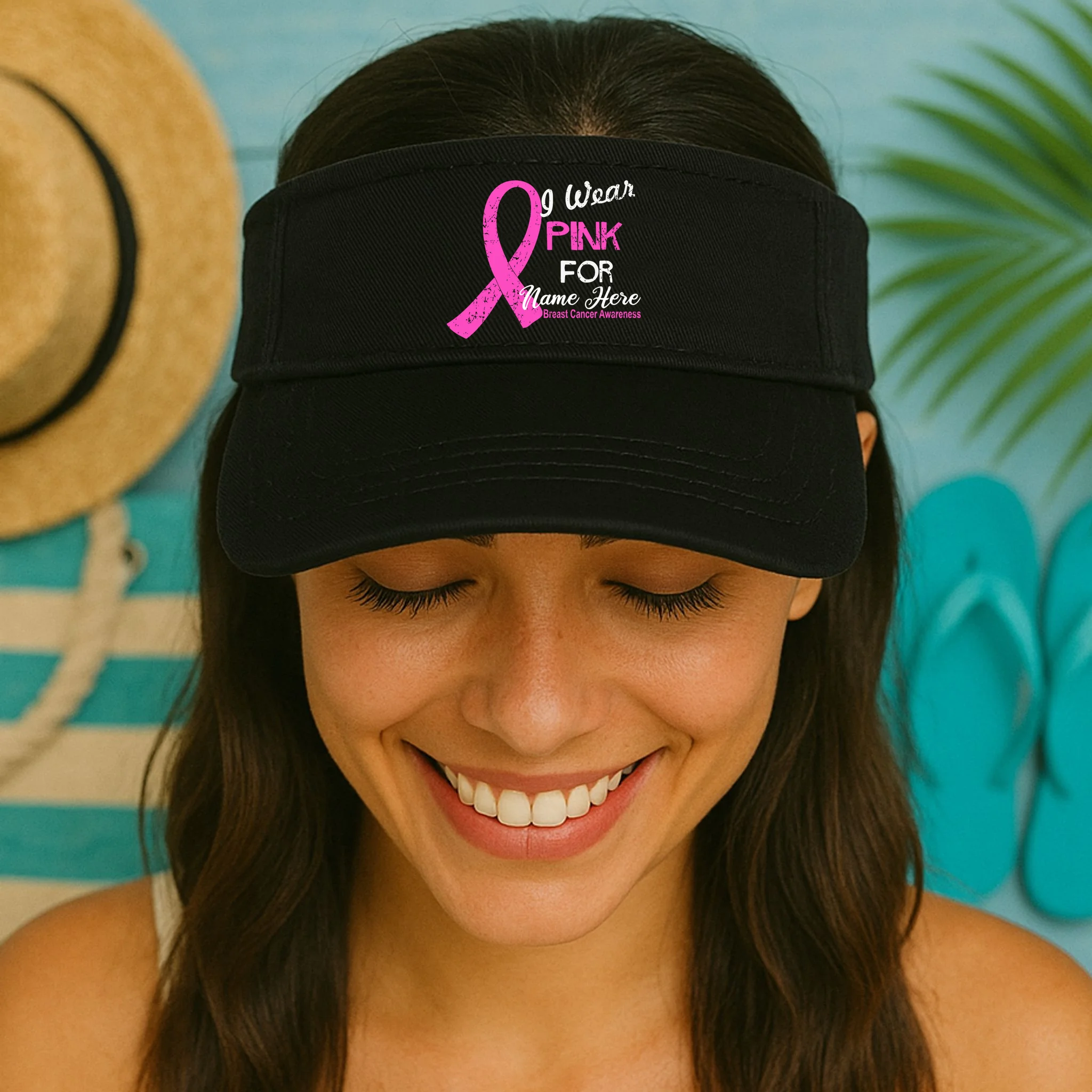 I Wear Pink For My Custom Breast Cancer Personalized Visor - Front 1