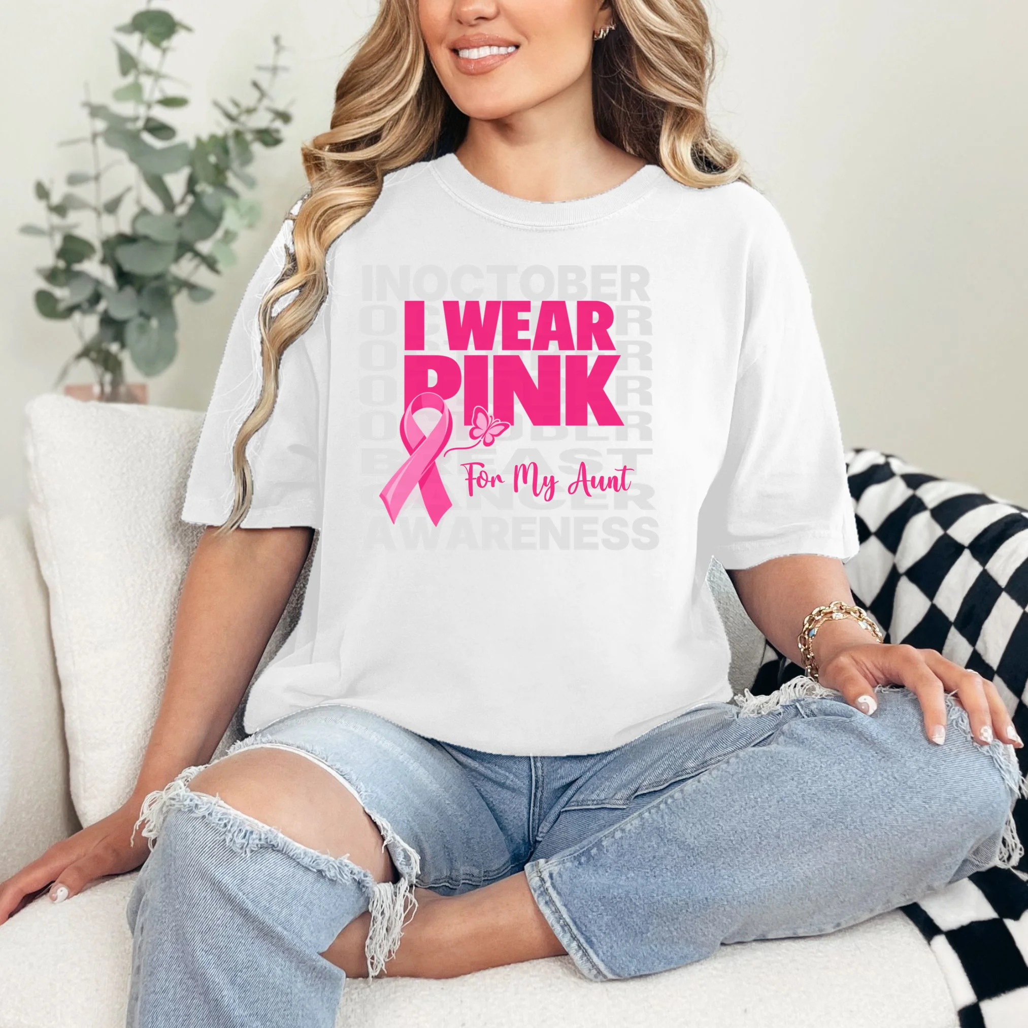 I Wear Pink for My Aunt Personalized Breast Cancer Awareness Gift - Pink Ribbon Custom Relationship Design Comfort Colors Unisex T-Shirt - Front 1