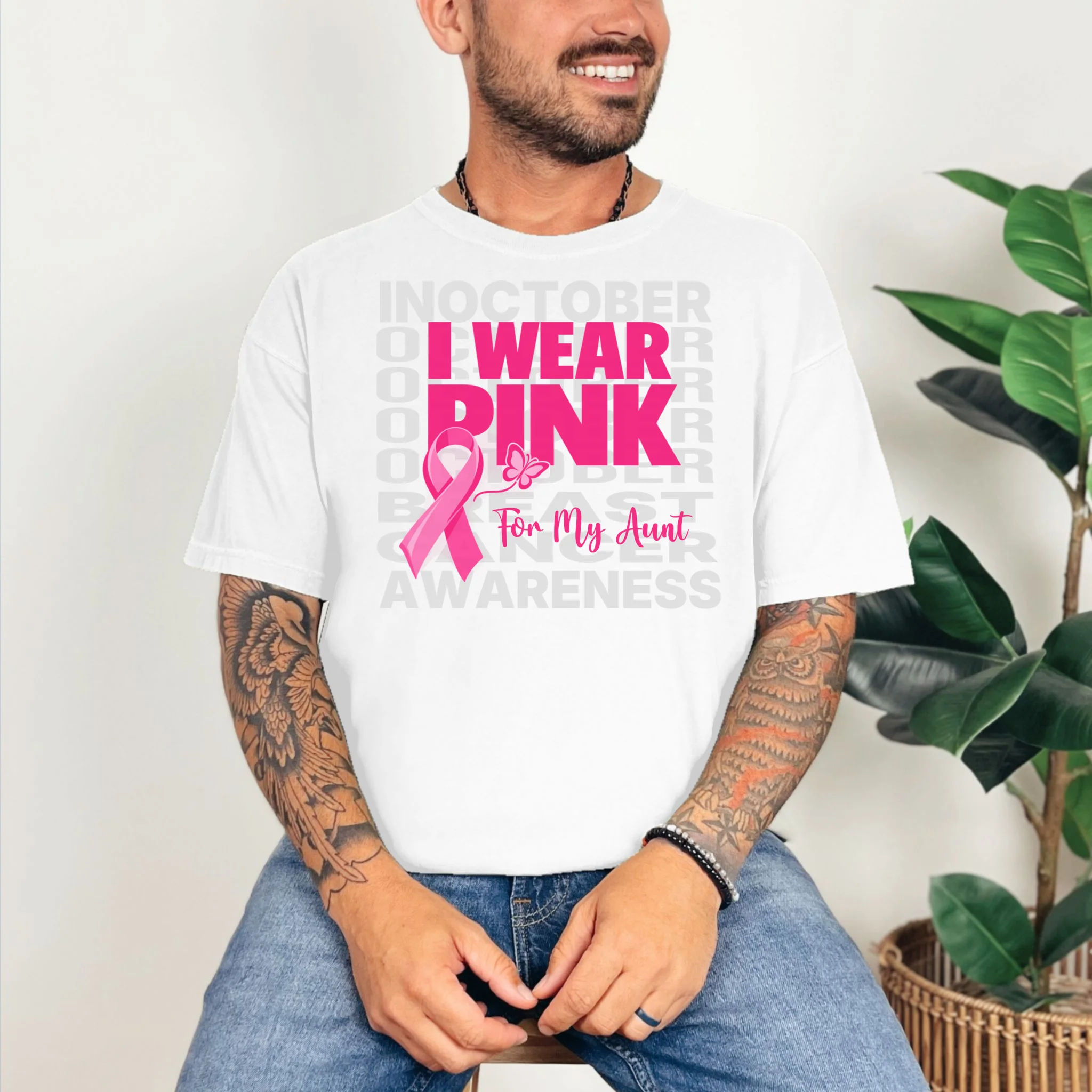 I Wear Pink for My Aunt Personalized Breast Cancer Awareness Gift - Pink Ribbon Custom Relationship Design Comfort Colors Unisex T-Shirt - Front 2