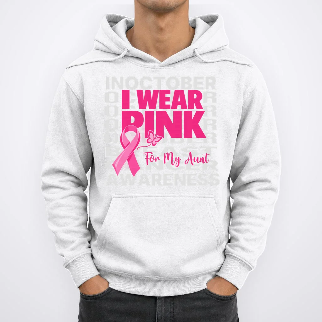 I Wear Pink for My Aunt Personalized Breast Cancer Awareness Gift - Pink Ribbon Custom Relationship Design Men's Hoodie - Front 1