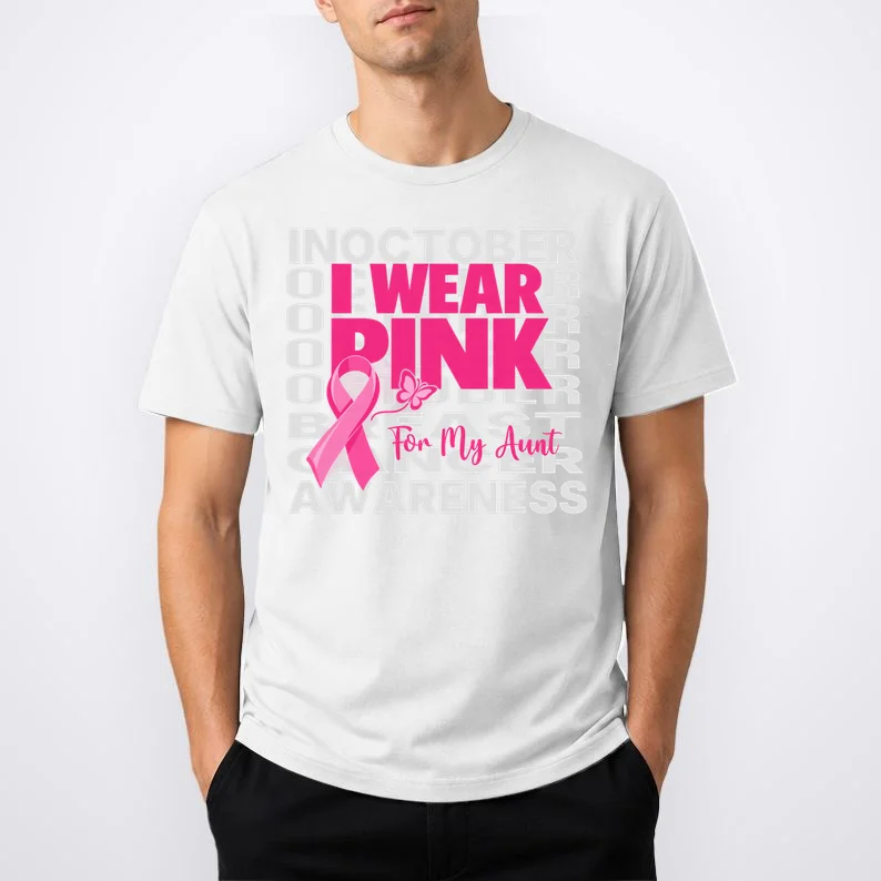 I Wear Pink for My Aunt Personalized Breast Cancer Awareness Gift - Pink Ribbon Custom Relationship Design Men's T-Shirt - Front 1