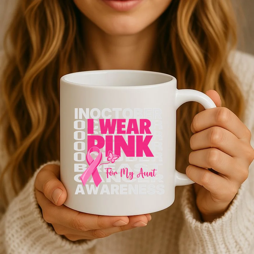 I Wear Pink for My Aunt Personalized Breast Cancer Awareness Gift - Pink Ribbon Custom Relationship Design Mug - Front 2
