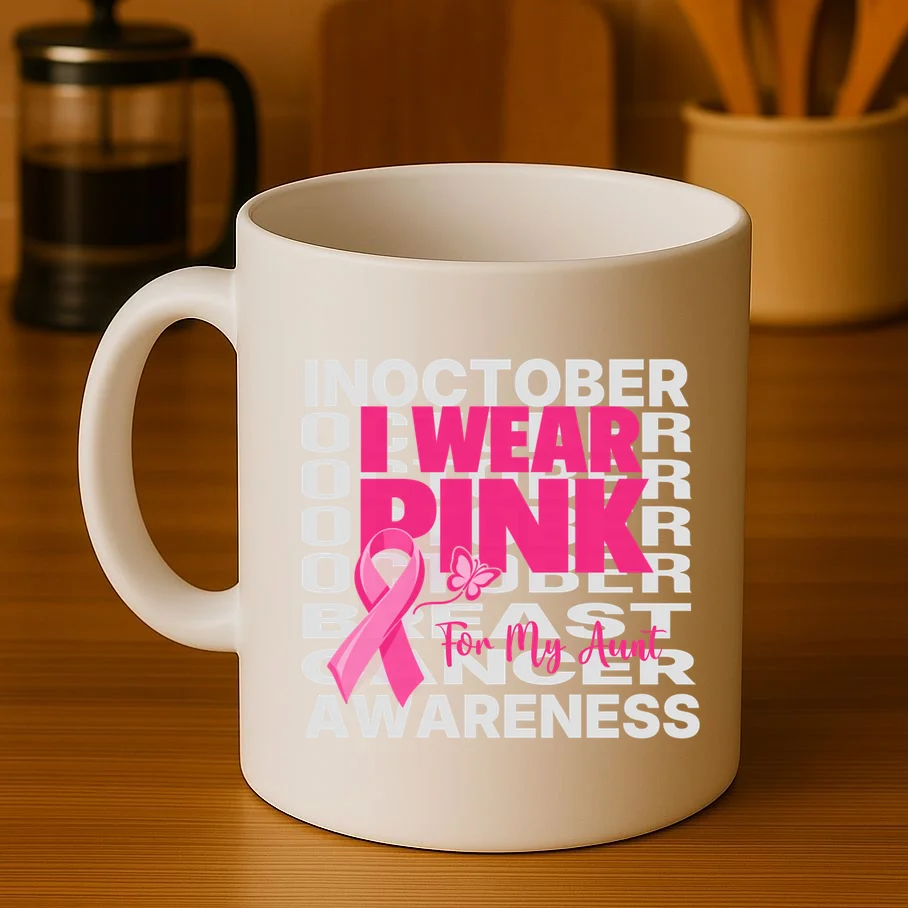 I Wear Pink for My Aunt Personalized Breast Cancer Awareness Gift - Pink Ribbon Custom Relationship Design Mug - Front 3