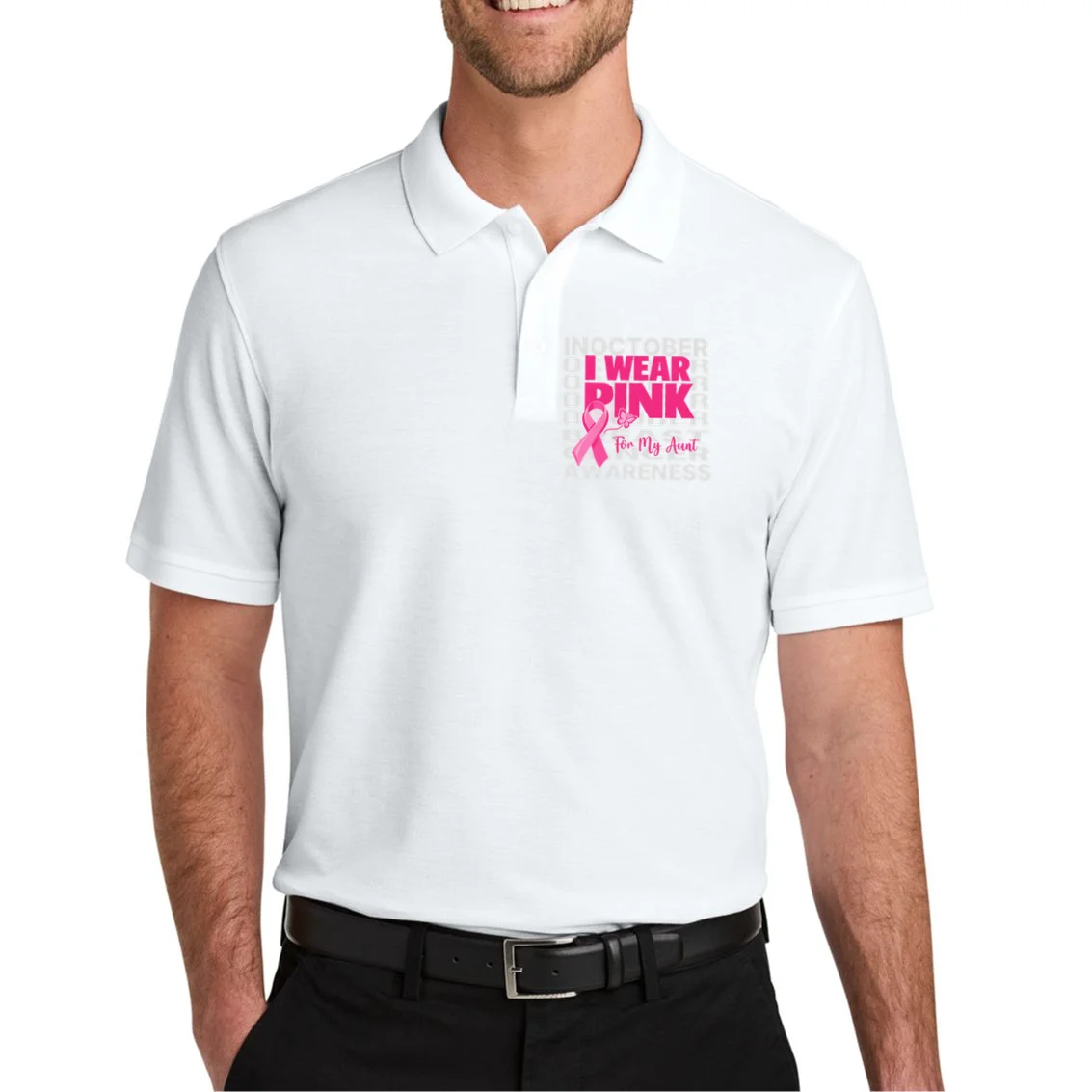 I Wear Pink for My Aunt Personalized Breast Cancer Awareness Gift - Pink Ribbon Custom Relationship Design Men's Polo - Front 1