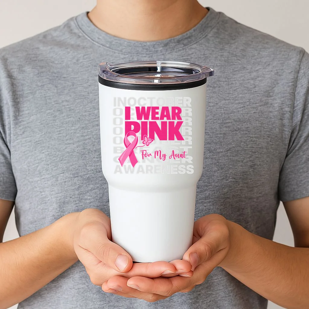 I Wear Pink for My Aunt Personalized Breast Cancer Awareness Gift - Pink Ribbon Custom Relationship Design 20oz Tumbler - Front 1