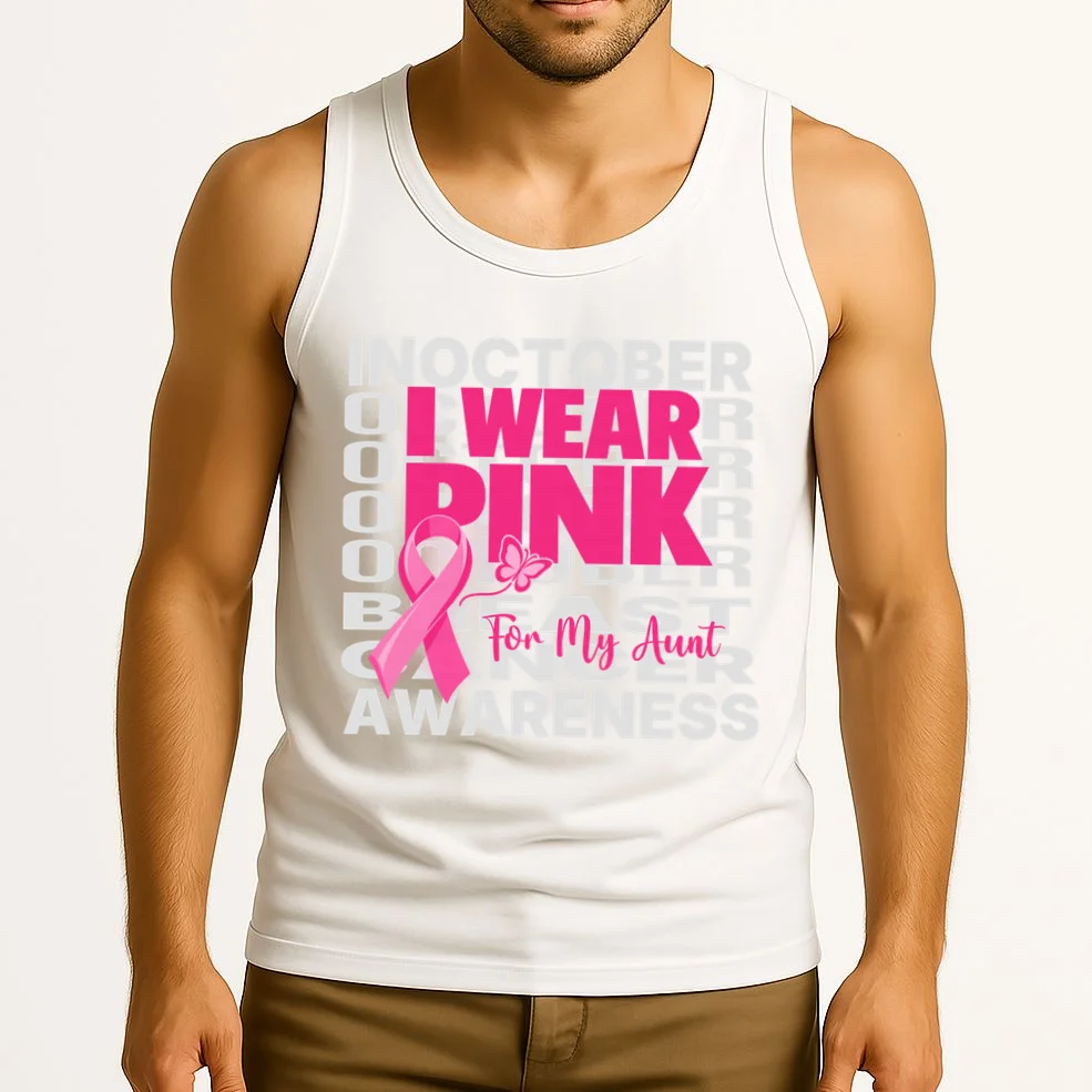 I Wear Pink for My Aunt Personalized Breast Cancer Awareness Gift - Pink Ribbon Custom Relationship Design Men's Tank Top - Front 2