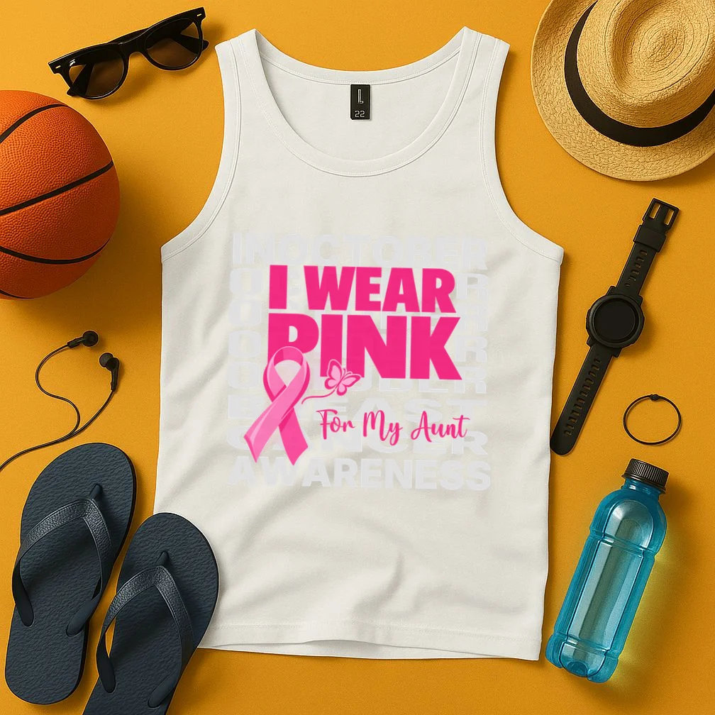 I Wear Pink for My Aunt Personalized Breast Cancer Awareness Gift - Pink Ribbon Custom Relationship Design Men's Tank Top - Front 3
