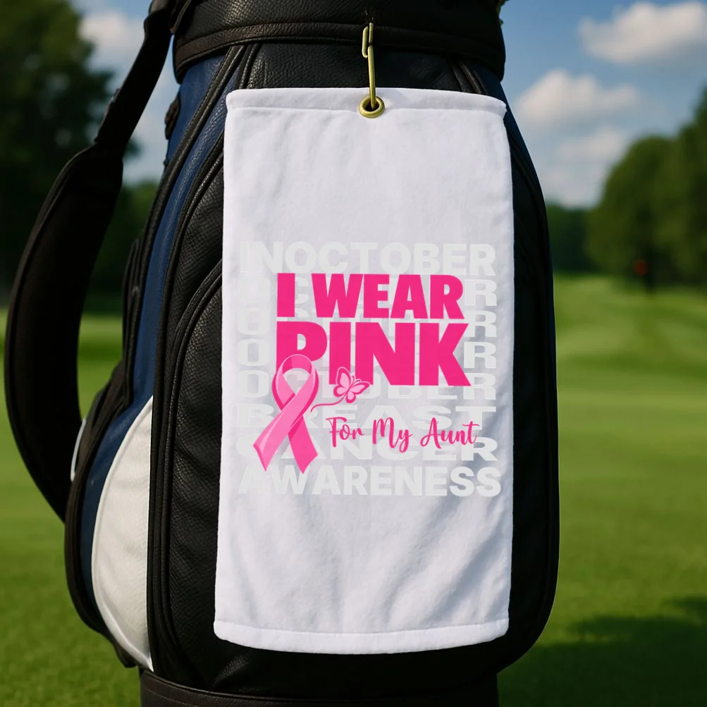 I Wear Pink for My Aunt Personalized Breast Cancer Awareness Gift - Pink Ribbon Custom Relationship Design Golf Towel - Front 2