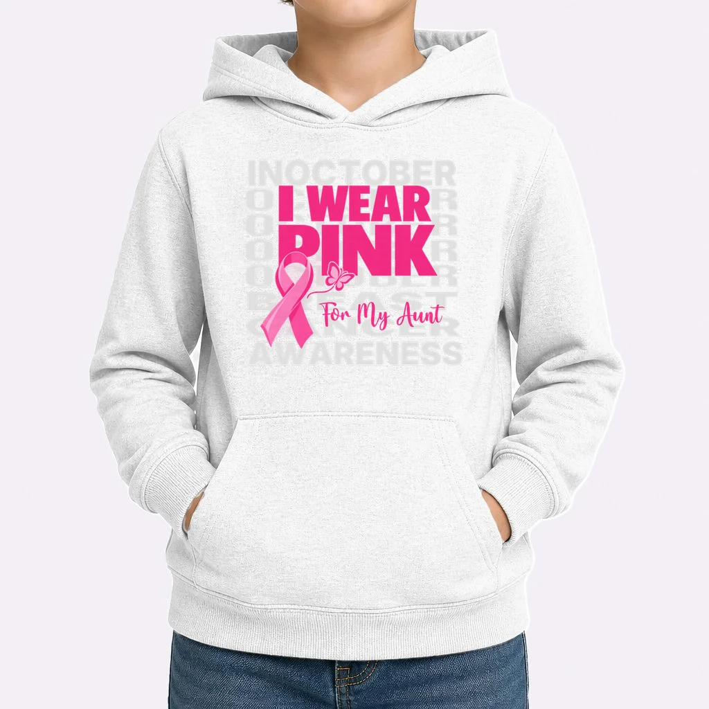 I Wear Pink for My Aunt Personalized Breast Cancer Awareness Gift - Pink Ribbon Custom Relationship Design Kids Hoodie - Front 1