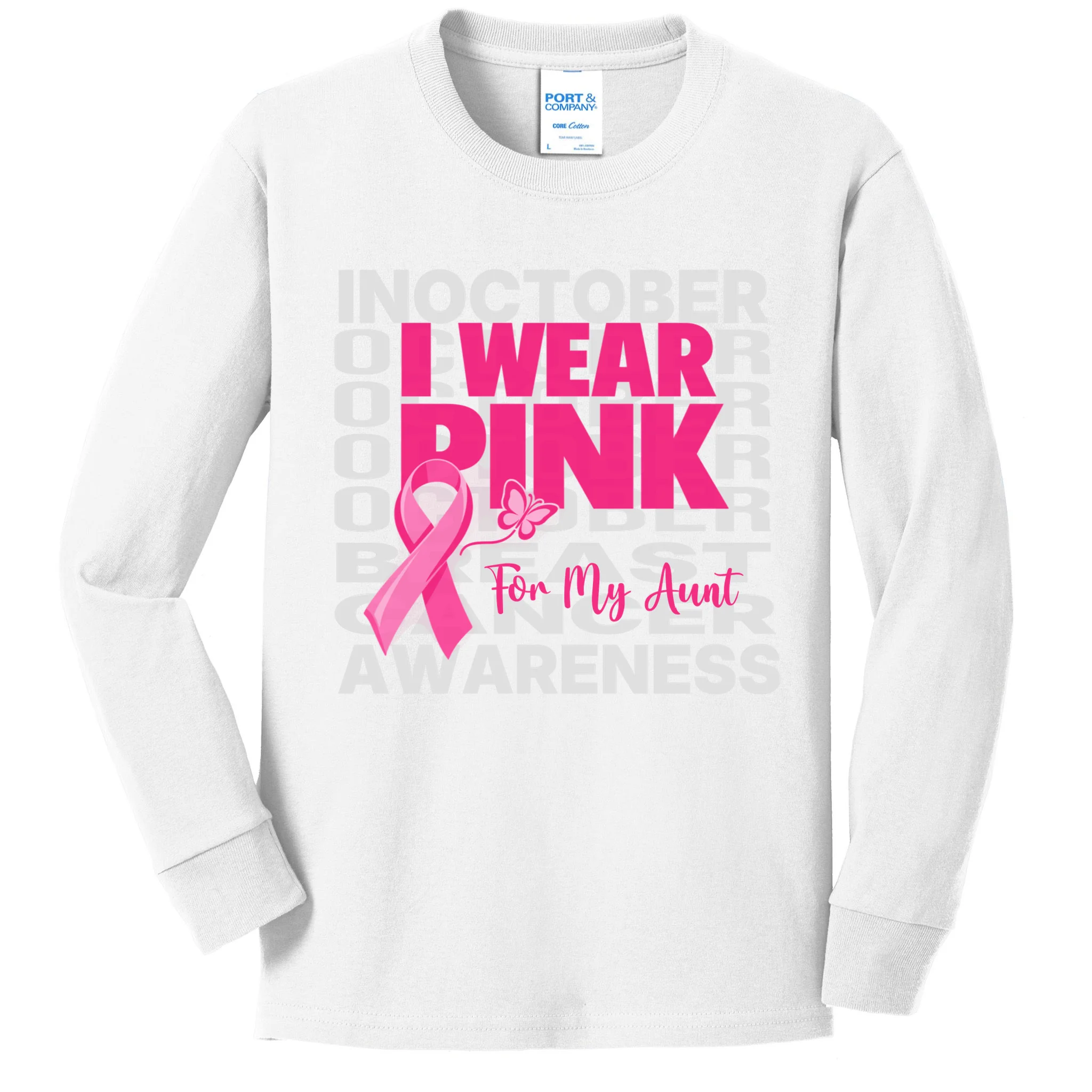 I Wear Pink for My Aunt Personalized Breast Cancer Awareness Gift - Pink Ribbon Custom Relationship Design Kids Long Sleeve Shirt Front