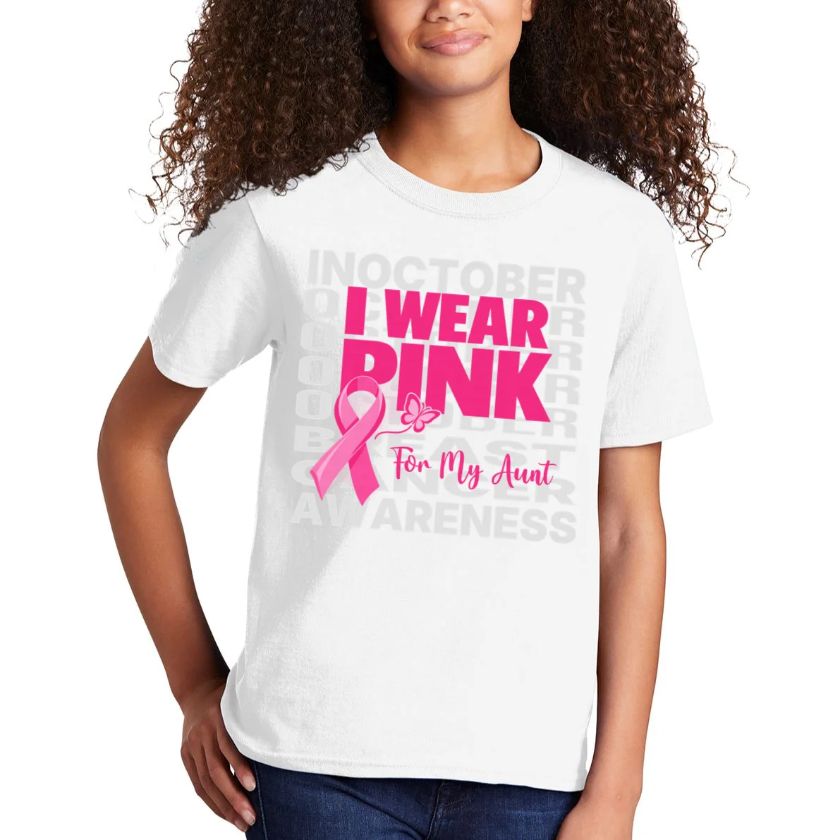 I Wear Pink for My Aunt Personalized Breast Cancer Awareness Gift - Pink Ribbon Custom Relationship Design Kids T-Shirt - Front 1