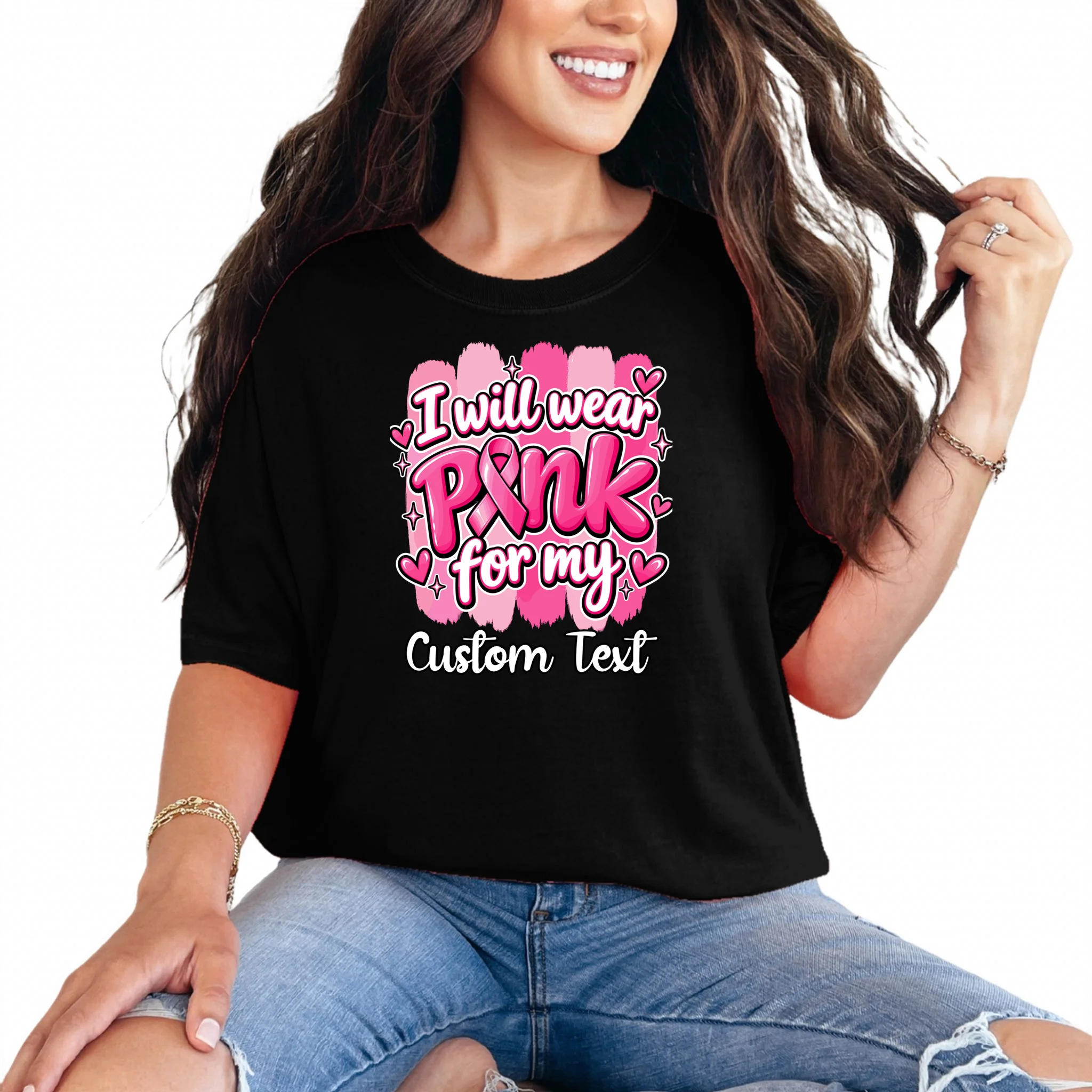 I Will Wear Pink for My Custom Name – Personalized Pink Ribbon Breast Cancer Awareness Comfort Colors Unisex T-Shirt Front