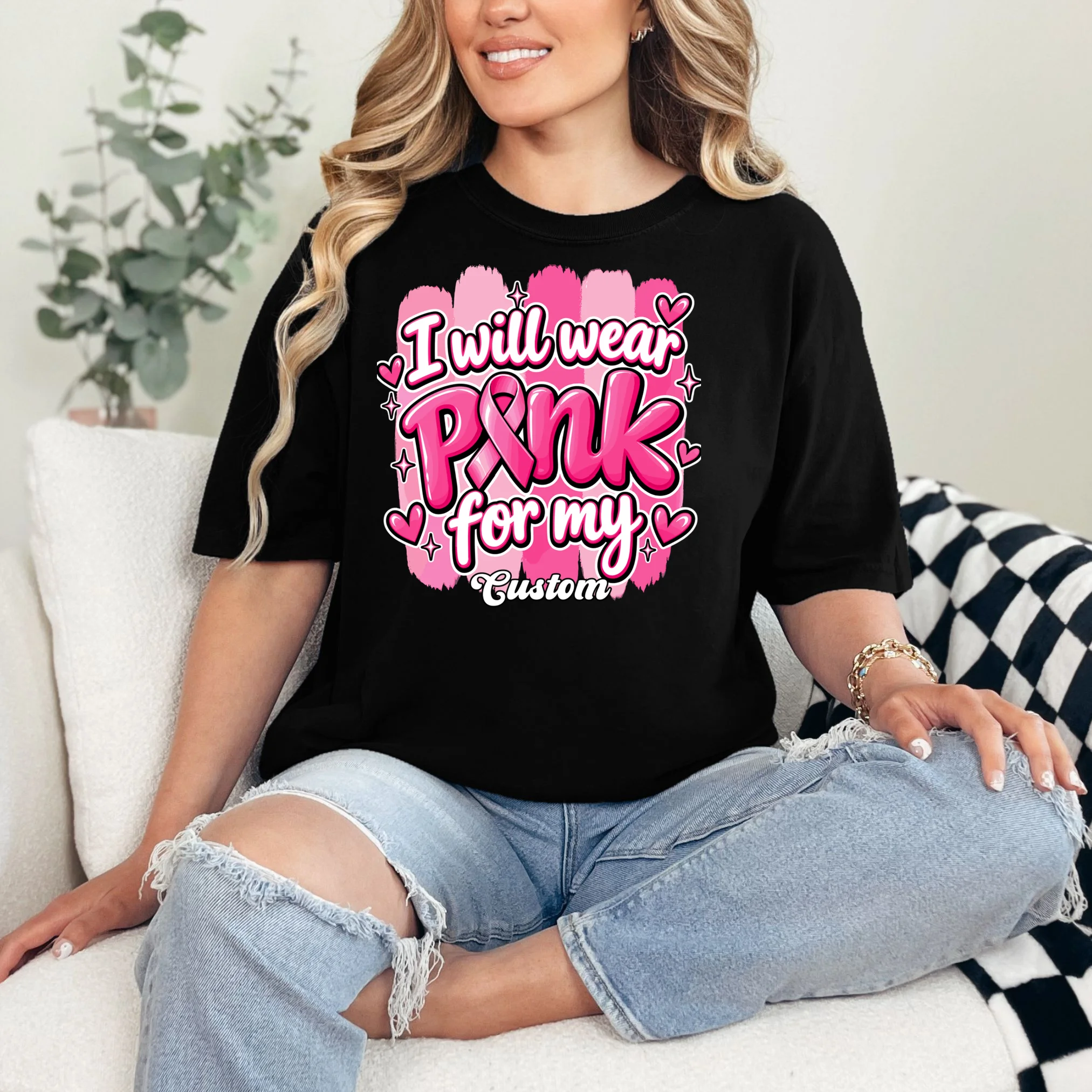I Will Wear Pink for My Custom Name – Personalized Pink Ribbon Breast Cancer Awareness Comfort Colors Unisex T-Shirt - Front 1