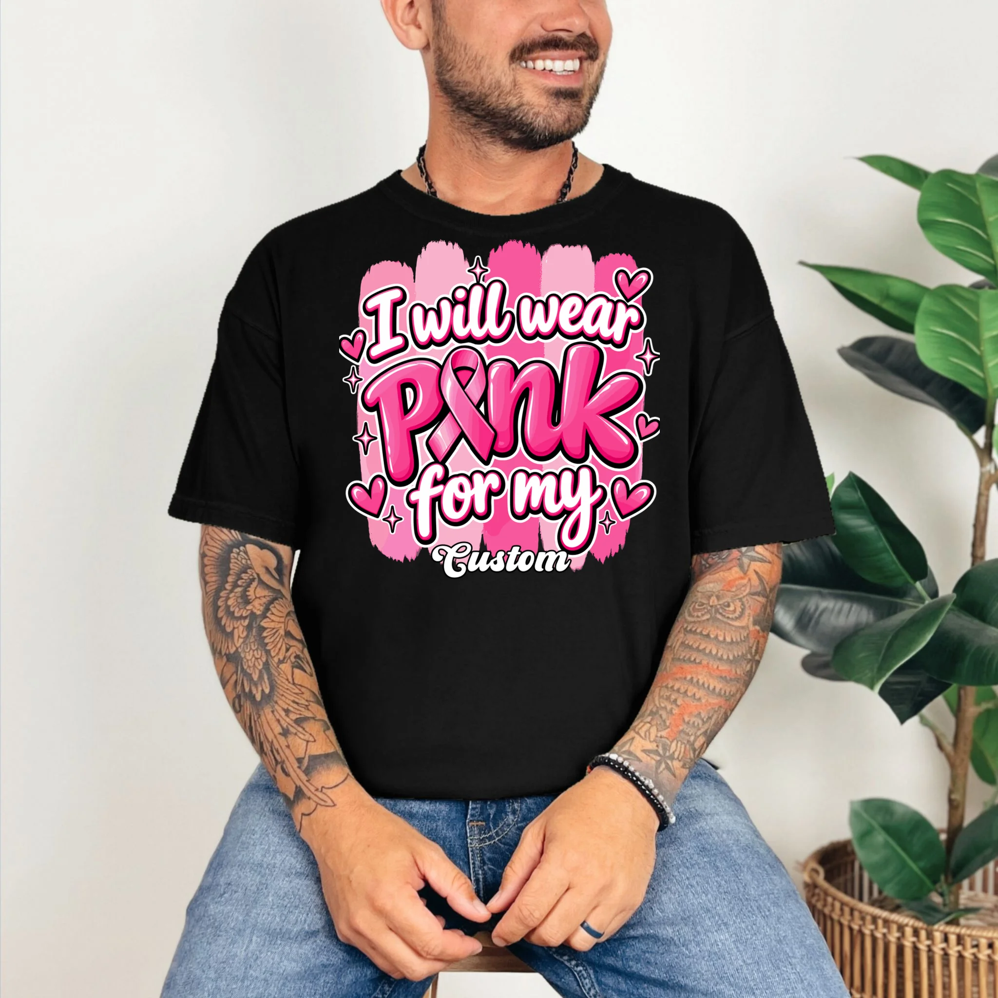 I Will Wear Pink for My Custom Name – Personalized Pink Ribbon Breast Cancer Awareness Comfort Colors Unisex T-Shirt - Front 2