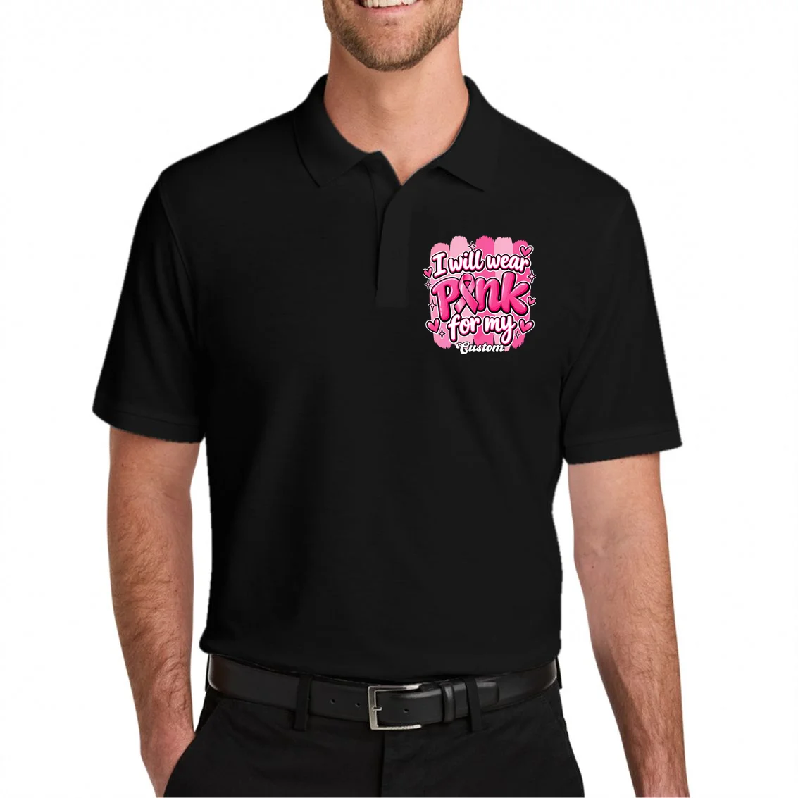 I Will Wear Pink for My Custom Name – Personalized Pink Ribbon Breast Cancer Awareness Men's Polo - Front 1