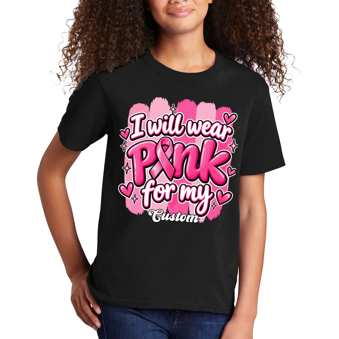 I Will Wear Pink for My Custom Name – Personalized Pink Ribbon Breast Cancer Awareness Kids T-Shirt - Front 1