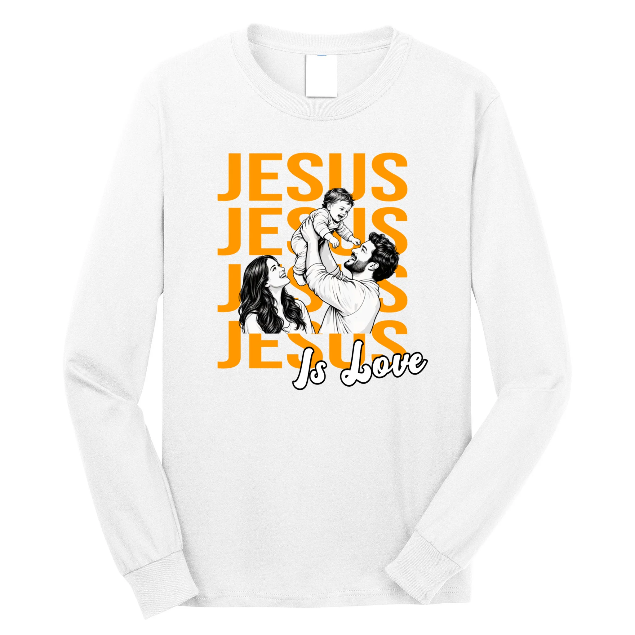 Jesus Is Love – Christian Family Illustration & Bold Faith Typography Design Men's Long Sleeve Shirt Front