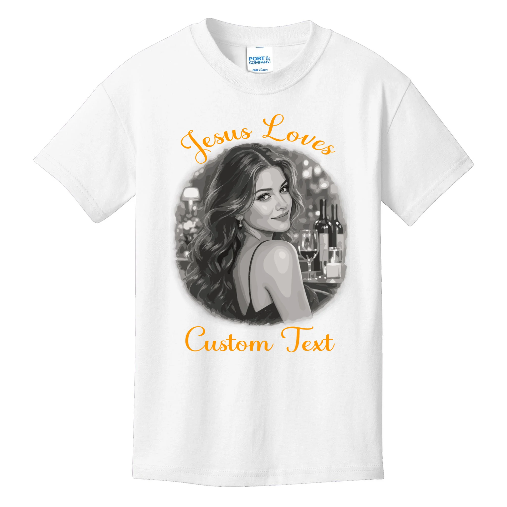 Jesus Loves – Custom Portrait & Personalized Christian Faith Typography Design Kids T-Shirt Front