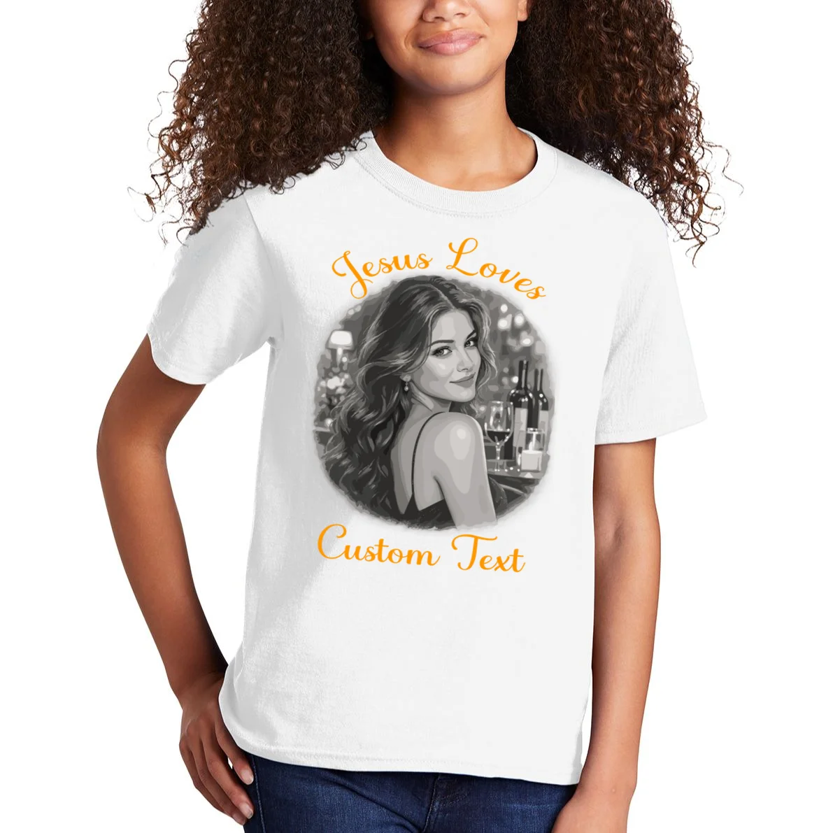 Jesus Loves – Custom Portrait & Personalized Christian Faith Typography Design Kids T-Shirt - Front 1
