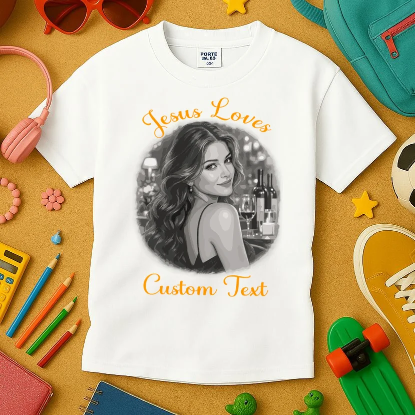 Jesus Loves – Custom Portrait & Personalized Christian Faith Typography Design Kids T-Shirt - Front 2