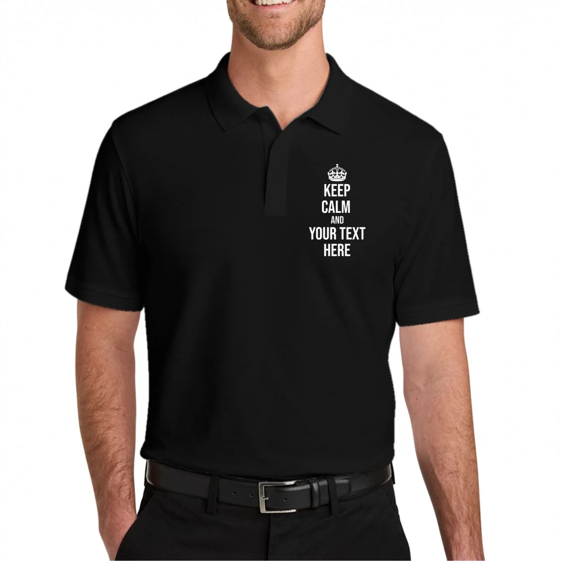 Keep Calm and Your Custom Text Personalized Saying Funny Men's Polo - Front 1