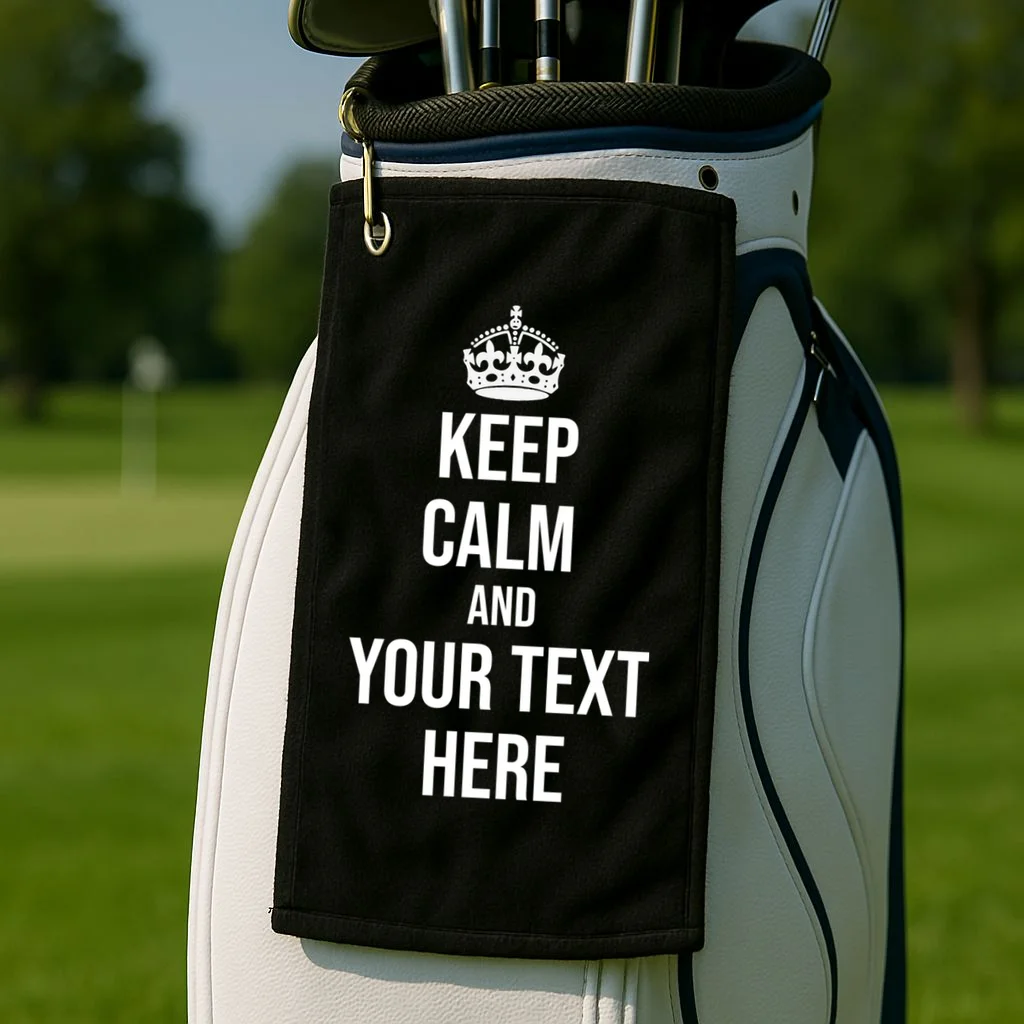 Keep Calm and Your Custom Text Personalized Saying Funny Golf Towel - Front 2