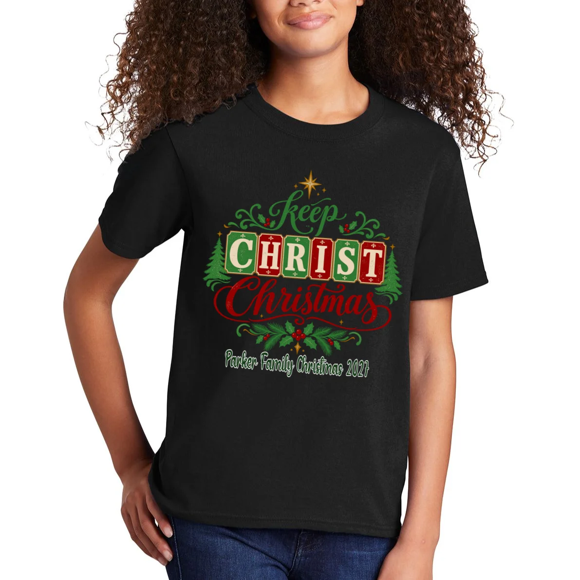 Keep Christ in Christmas – Personalized Family Christmas Design Kids T-Shirt - Front 1