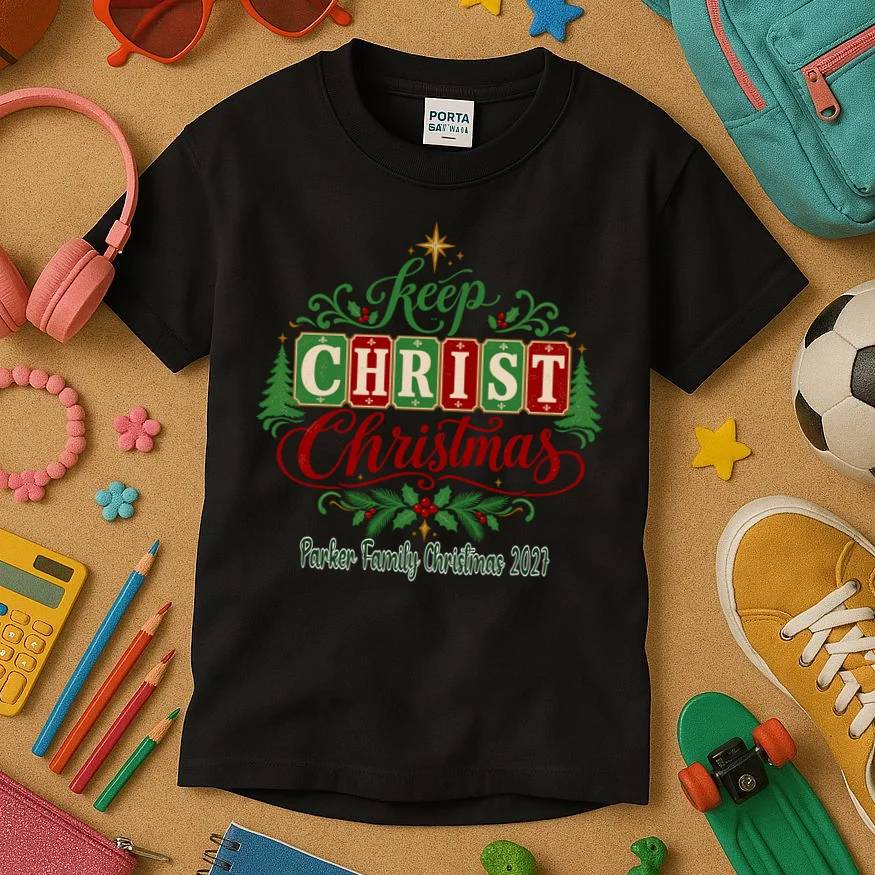 Keep Christ in Christmas – Personalized Family Christmas Design Kids T-Shirt - Front 2