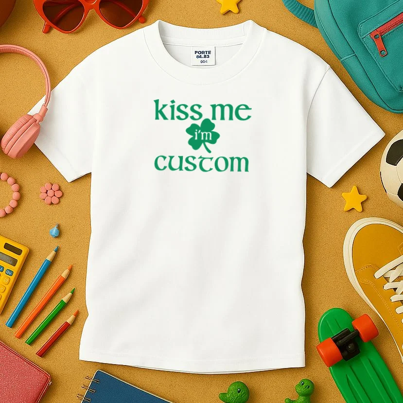 Kiss Me I'm Irish Custom Text St. Patrick's Day Kids T-Shirt - Front 2