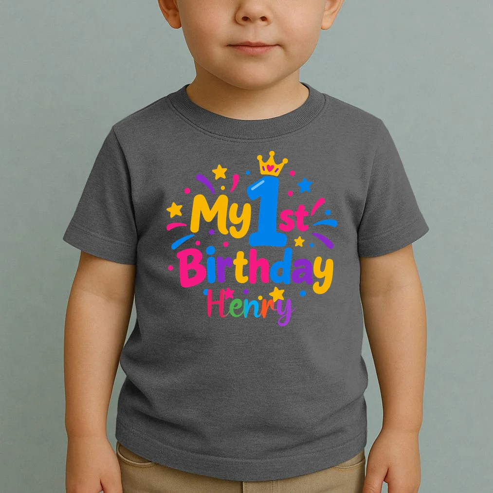 Custom Name – Colorful First Birthday Design Toddler T-Shirt - Front 1