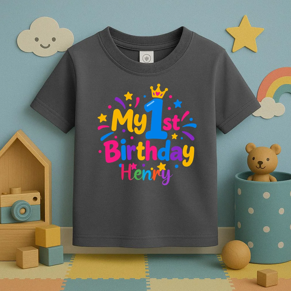 Custom Name – Colorful First Birthday Design Toddler T-Shirt - Front 2