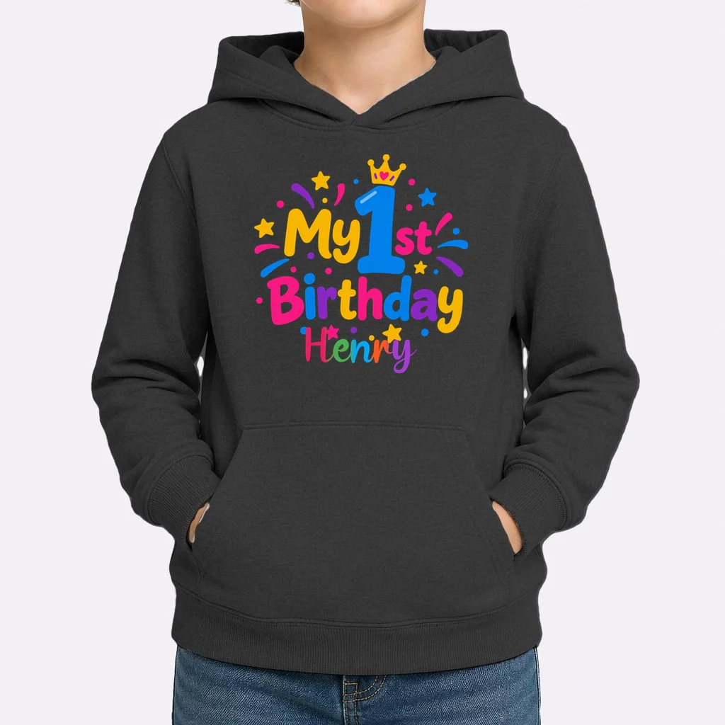 Custom Name – Colorful First Birthday Design Kids Hoodie - Front 1