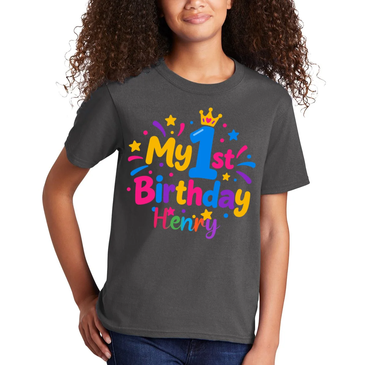 Custom Name – Colorful First Birthday Design Kids T-Shirt - Front 1