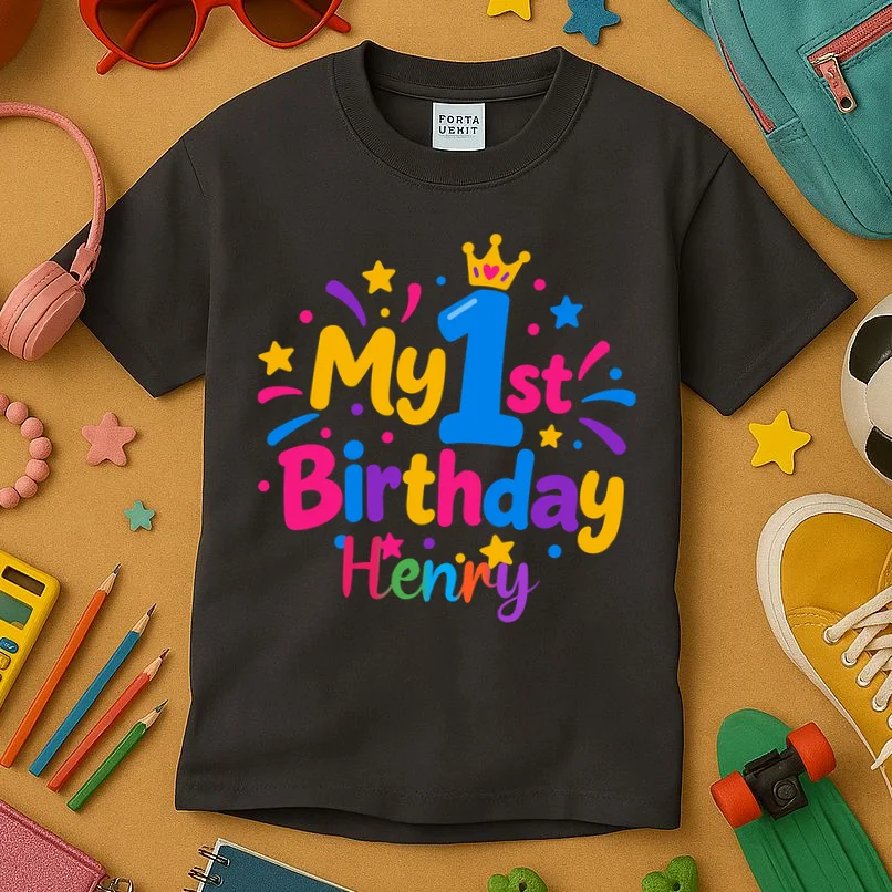 Custom Name – Colorful First Birthday Design Kids T-Shirt - Front 2