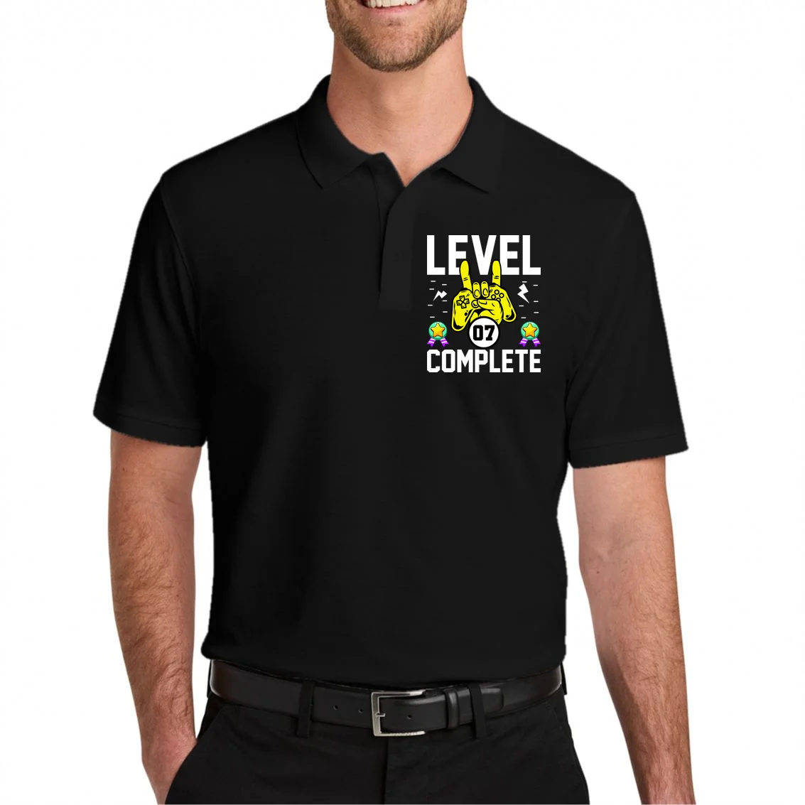 LEVEL COMPLETE Custom Birthday Gamer Personalized Birthday Men's Polo - Front 1
