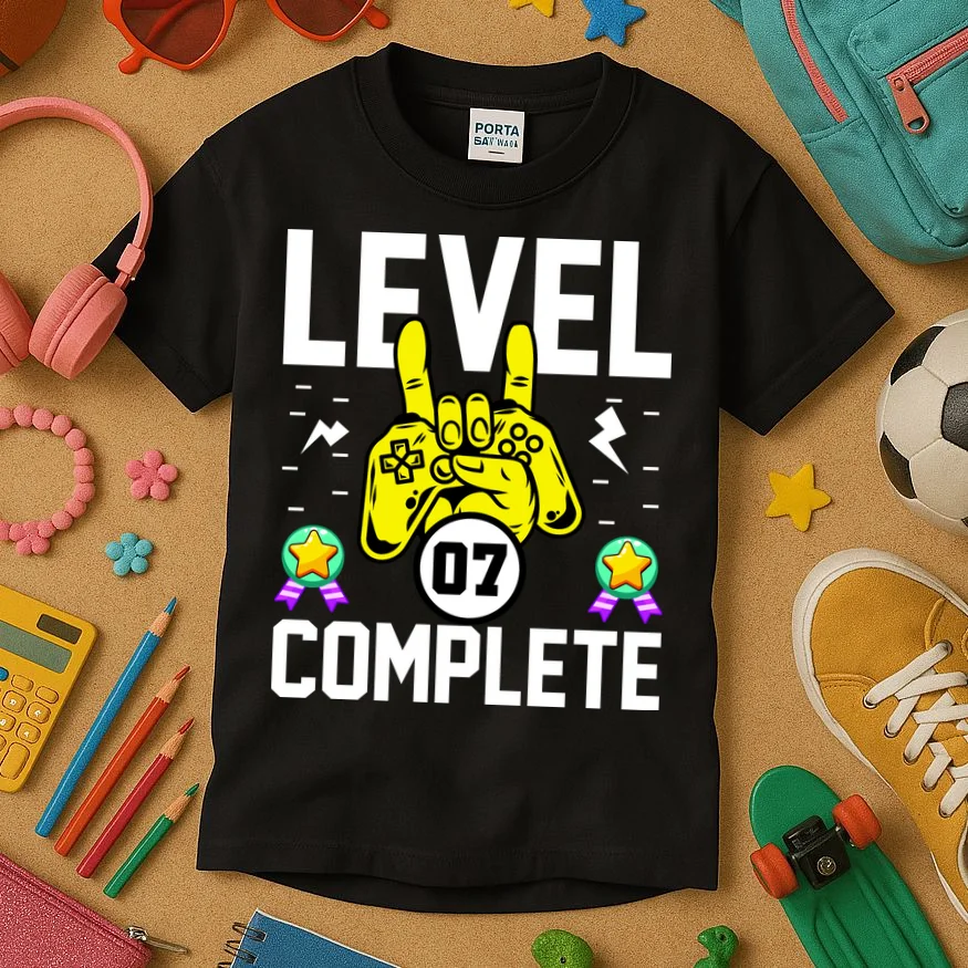 LEVEL COMPLETE Custom Birthday Gamer Personalized Birthday Kids T-Shirt - Front 2