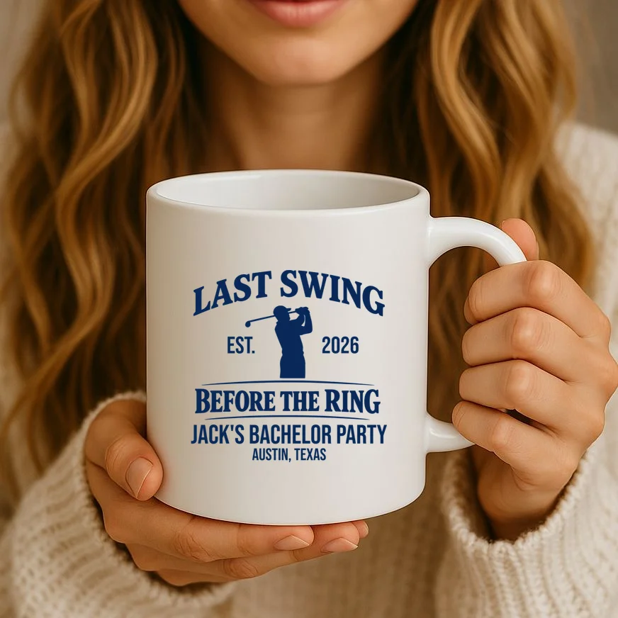 Last Swing Before The Ring Custom Golf Bachelor Party Coffee Mug - Front 2
