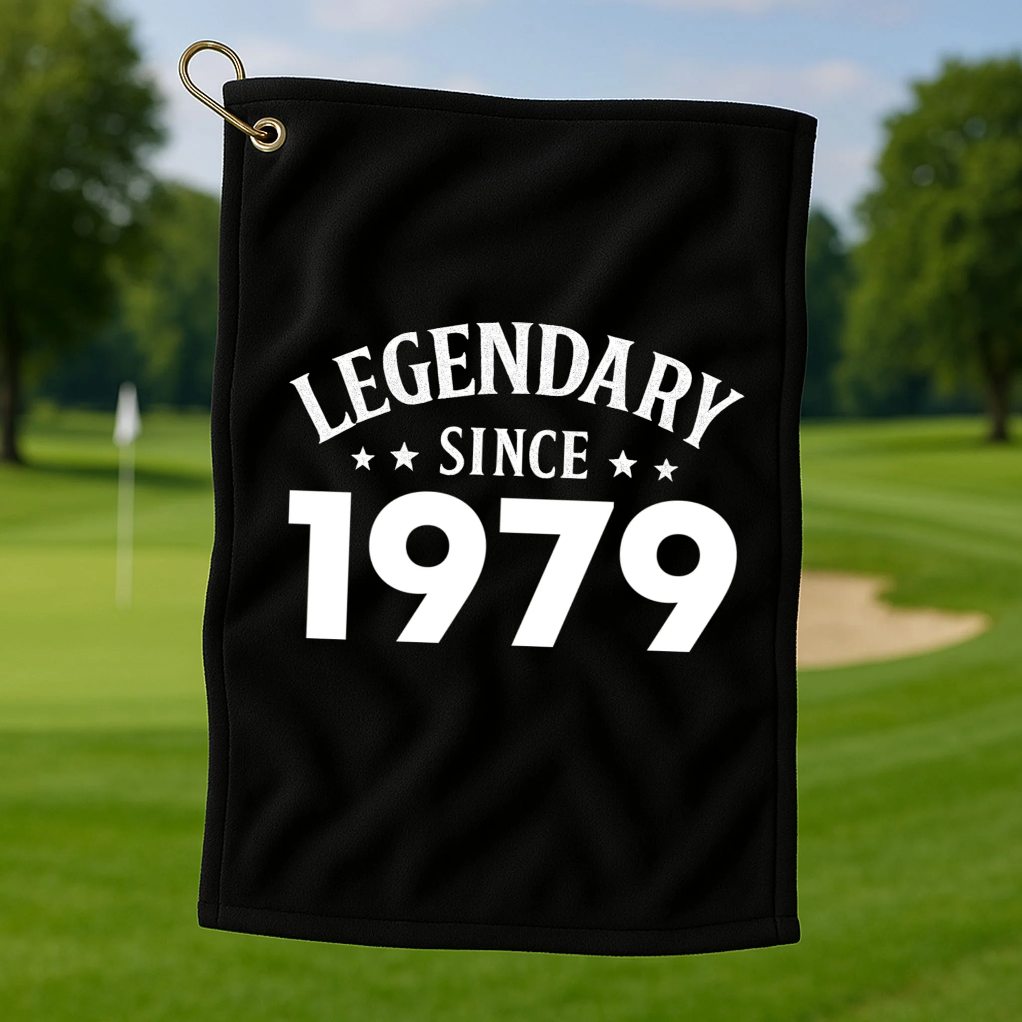 Legendary Since 1979 Vintage Birthday Text Golf Towel - Front 1