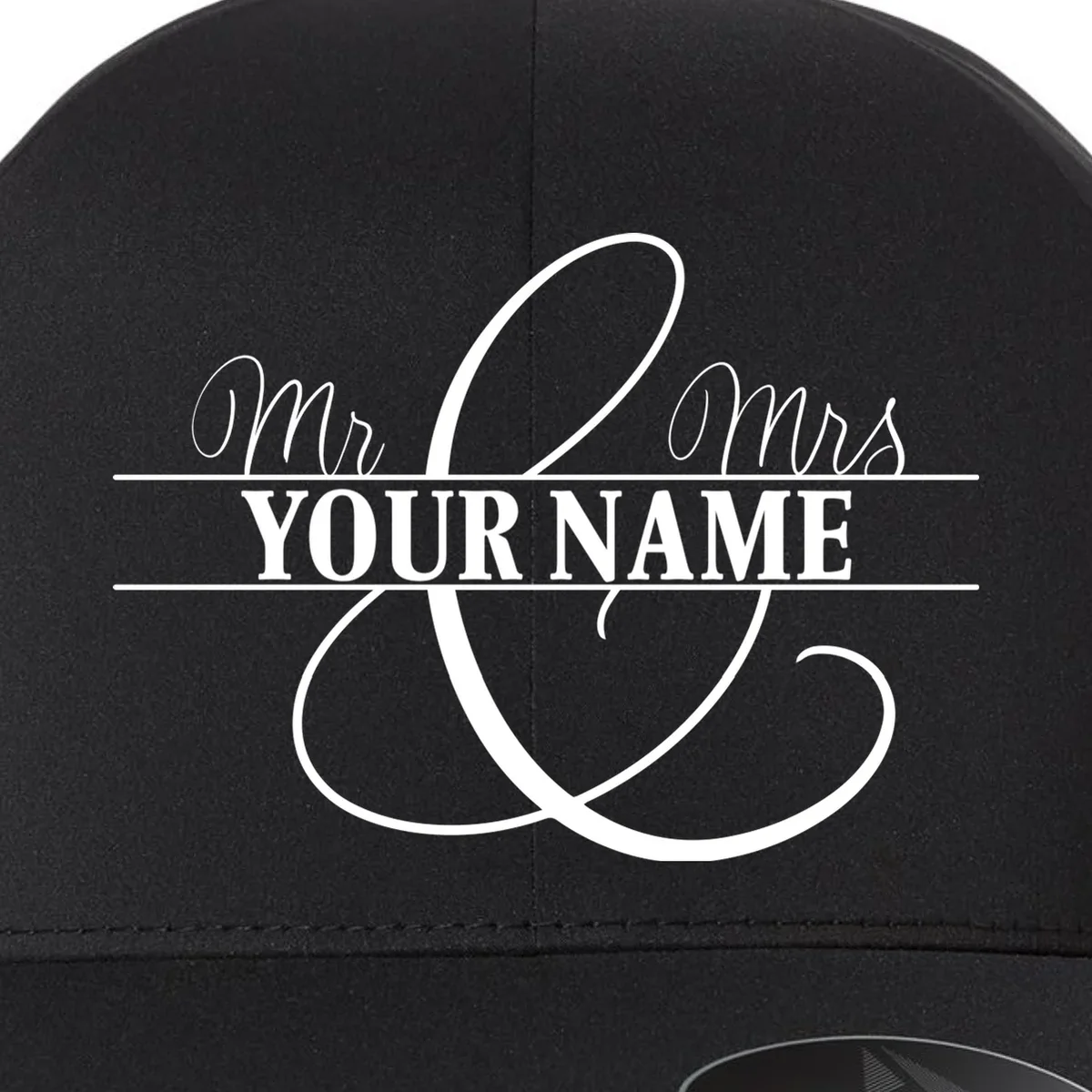 Mr. and Mrs. Custom Last Name Personalized Wedding Gift Anniversary Flexfit Men's Snapback Hat - Front - Close-up