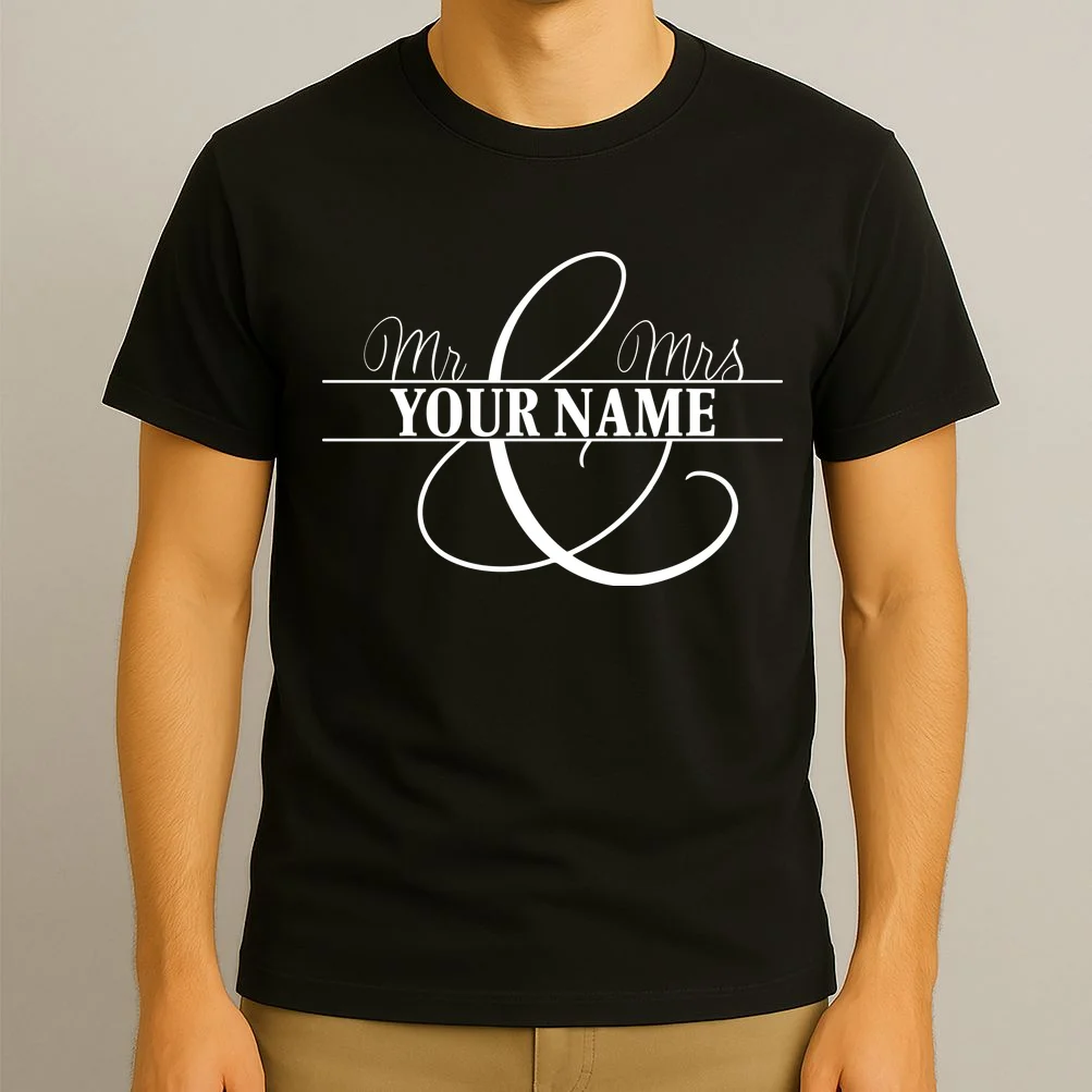 Mr. and Mrs. Custom Last Name Personalized Wedding Gift Anniversary T-Shirt - Front 3