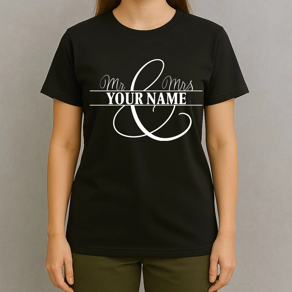 Mr. and Mrs. Custom Last Name Personalized Wedding Gift Anniversary T-Shirt - Front 4