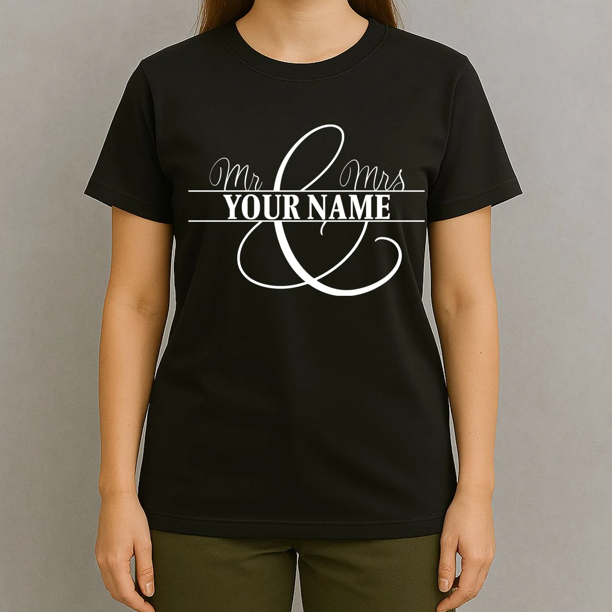 Mr. and Mrs. Custom Last Name Personalized Wedding Gift Anniversary T-Shirt - Front 4