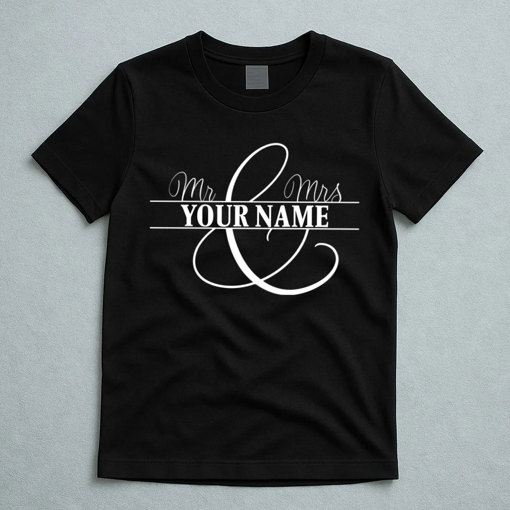 Mr. and Mrs. Custom Last Name Personalized Wedding Gift Anniversary T-Shirt - Front 5